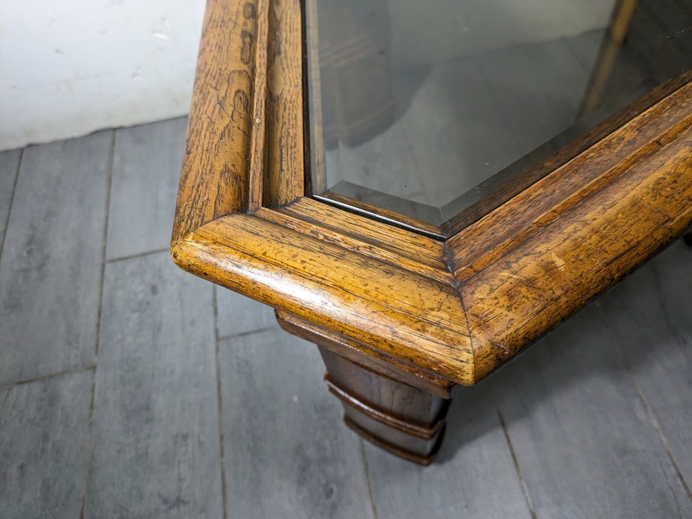 Vintage Rustic Carved Oak Wood Triangular Side Table Spanish Colonial Style