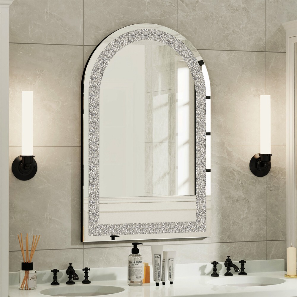 Wisfor Crushed Diamond Mirror Bling Crystal Wall Mounted Bathroom Mirror Arched