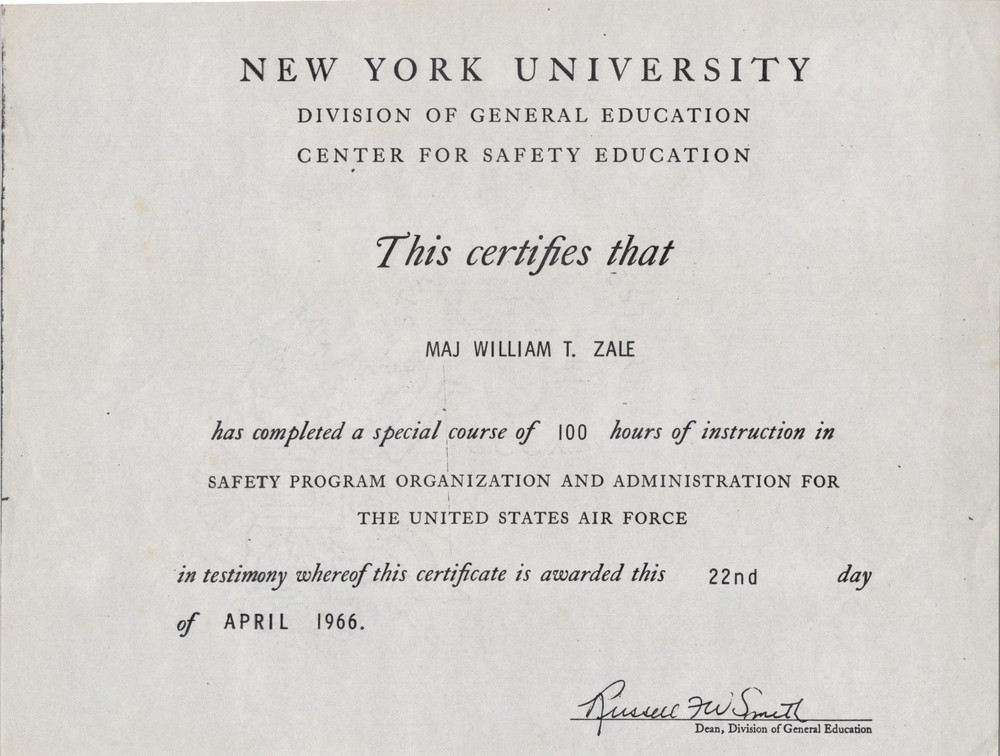 1966 New York University Safety Program Certificate For US Air Force