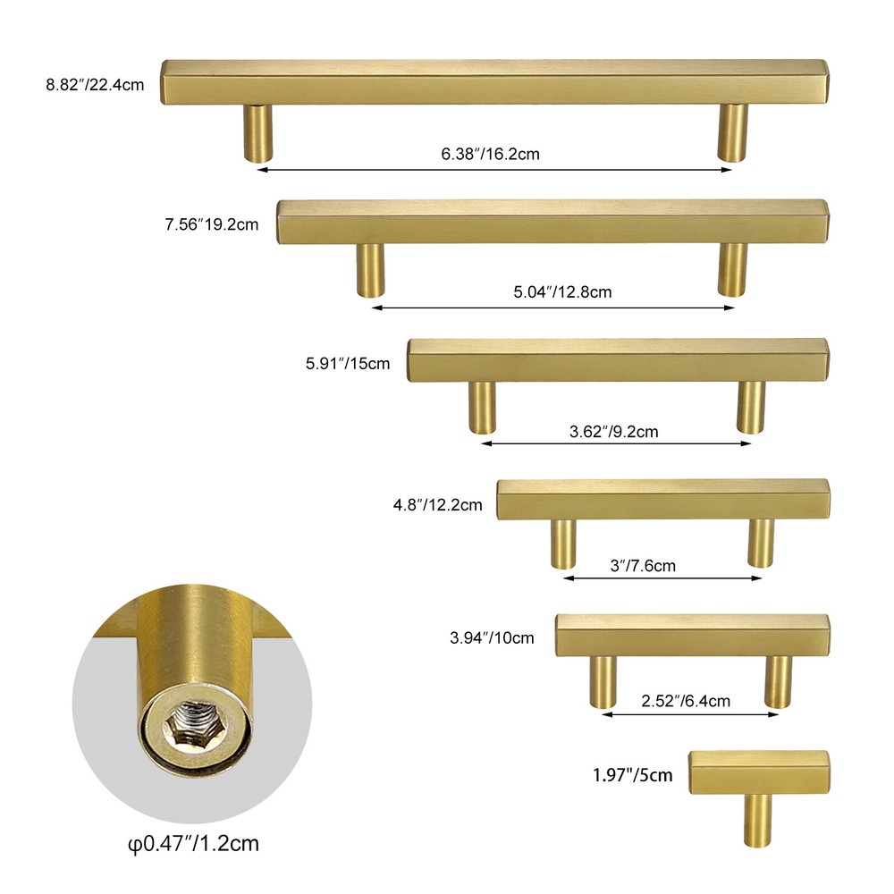 20 Pcs Gold Brass Brushed Square Modern Cabinet Handles Pulls Kitchen Hardware