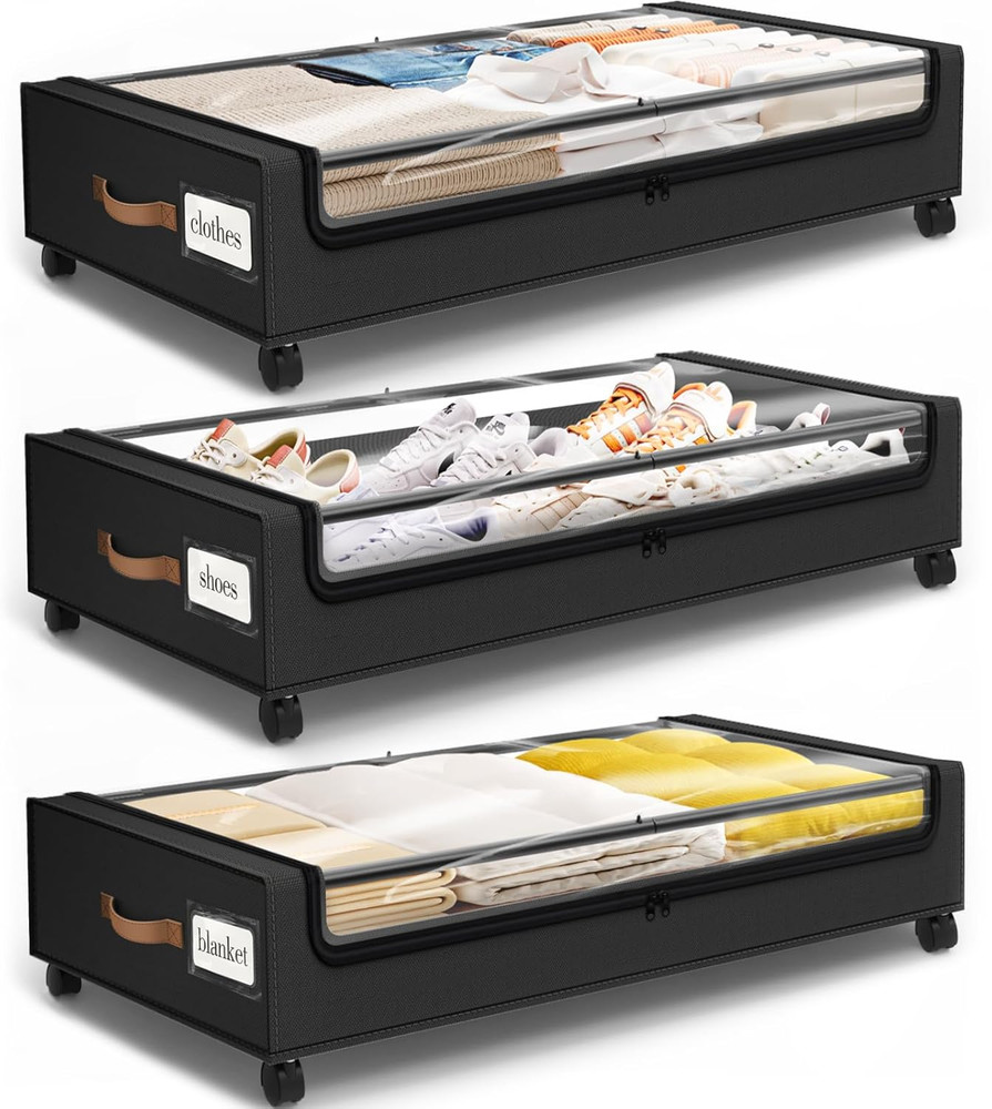 Under Bed Storage with Wheels 3Pack Storage Containers with Clear Window&Label u