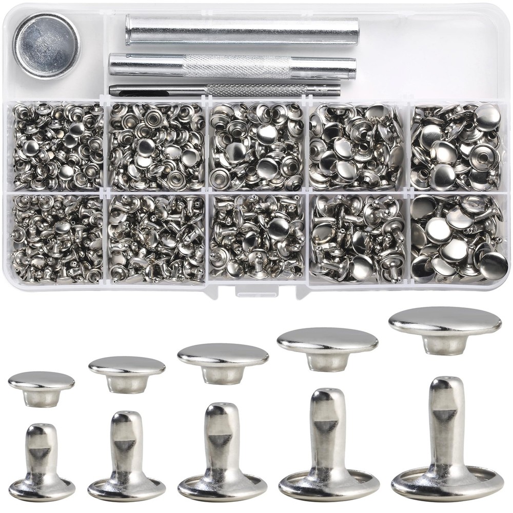 340 Sets Silver Double Cap Leather Rivets Kit Mixed Sizes with Crafting Tool