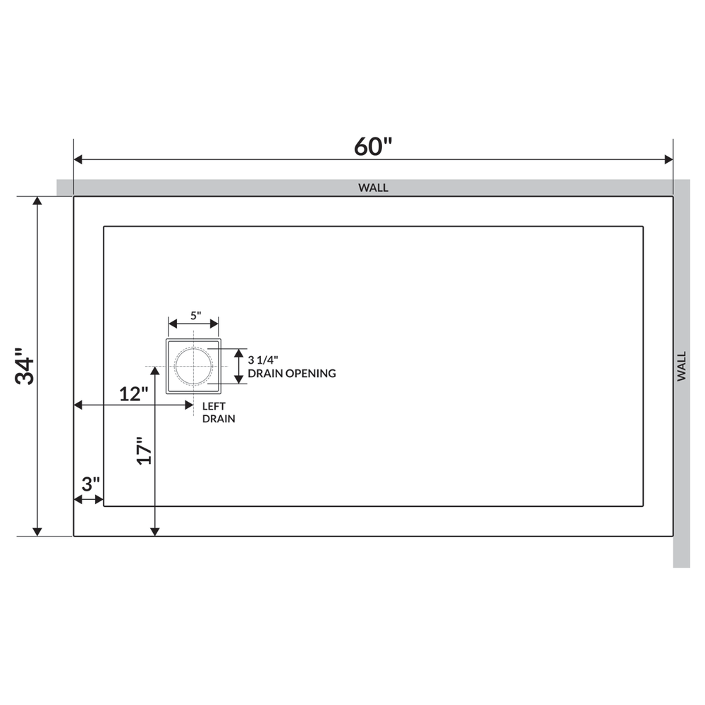 60"x34" Shower Base Pan Left Double Threshold Wall Corner Left Drain by LessCare