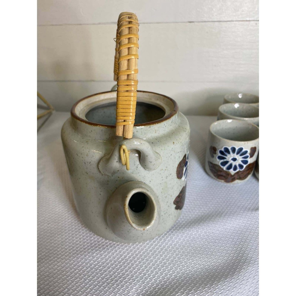 Stoneware Tea Set Kettle with Six cups Bamboo handle