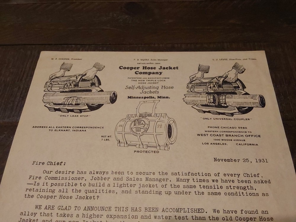 1931 Cooper Fire Hose Jacket Co Advertising Letter Fireman