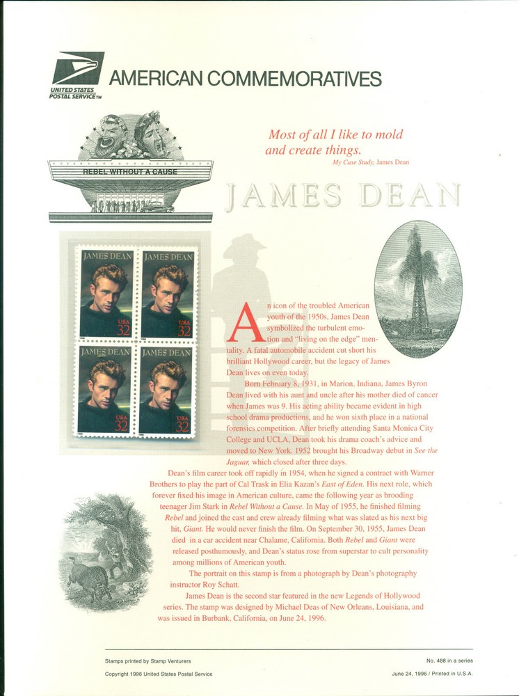 1996 Commemorative Panel Honoring James Dean