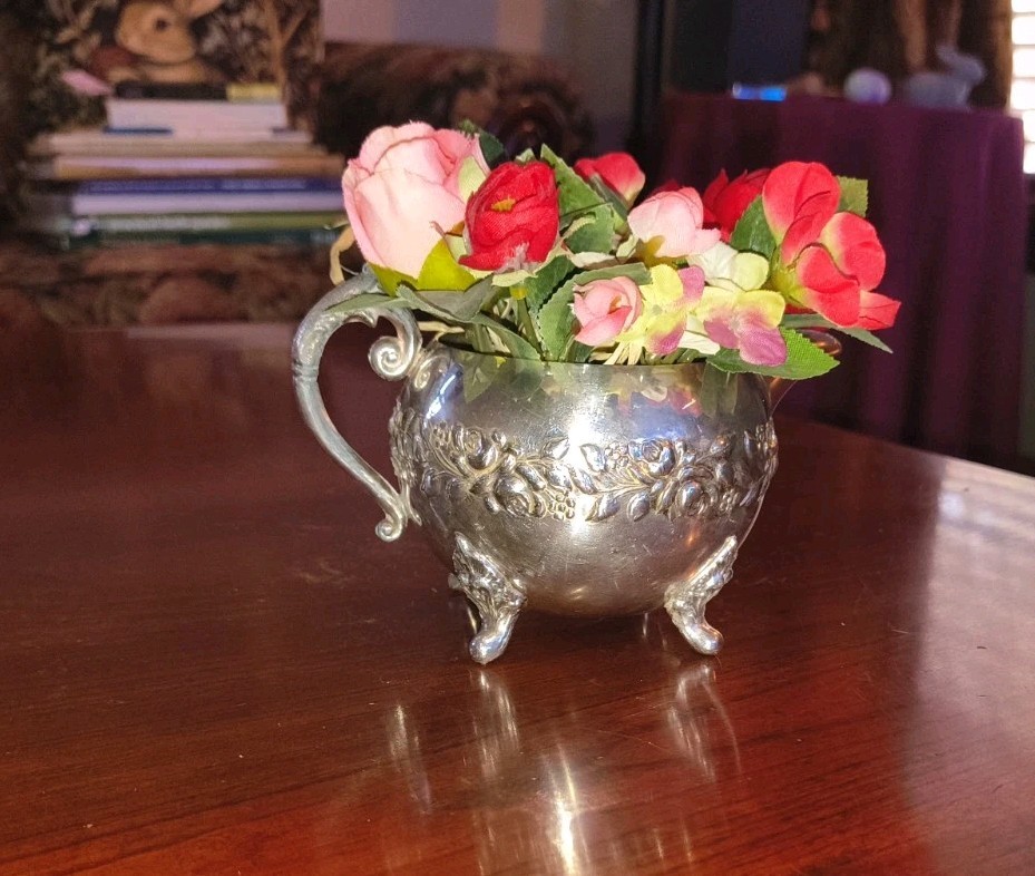 Silver Roses Footed Cream Pitcher with Handle