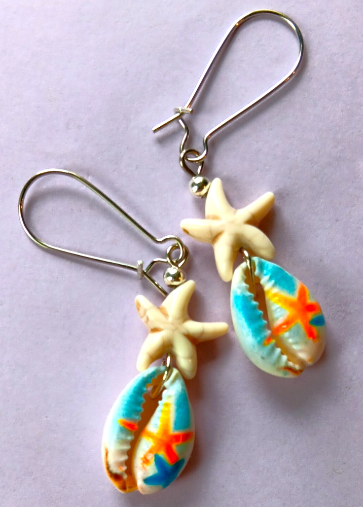 STARFISH Painted COWRIE SHELL dangle earring kidney wire handcrafted #ACTA