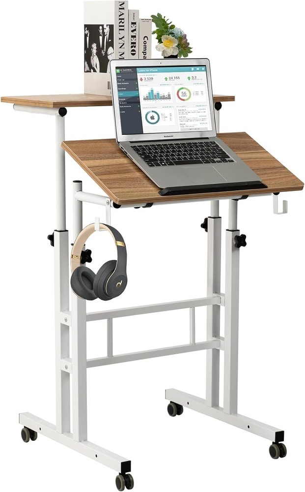 Compact Rolling Computer Desk - Ergonomic Height Adjustable in Vintage Oak