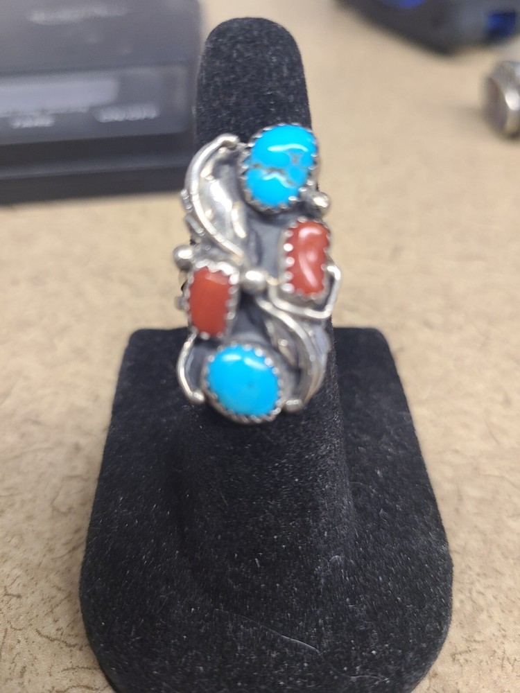 925 Turquoise/Coral Ring Signed Size 4