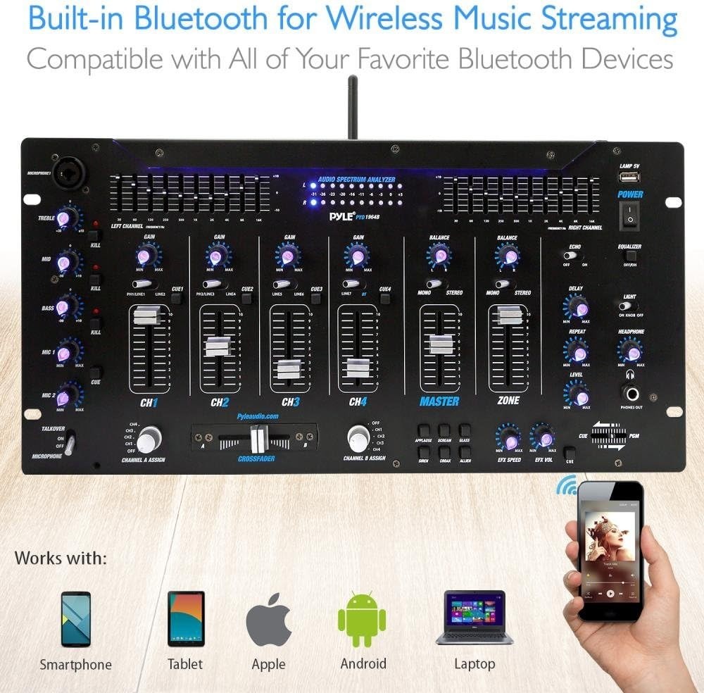 Pyle 6 Channel Mixer DJ Controller - Bluetooth, LED Illumination, Slider Control