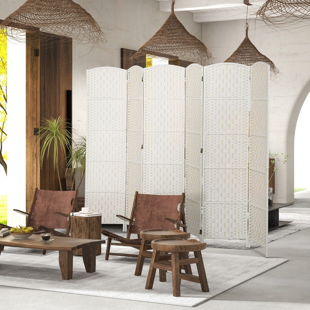 6 Weave Panel Room Divider Privacy Folding Screen Diamond Decor, White