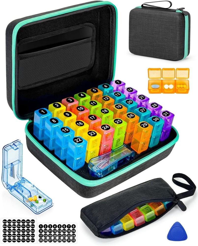 Hard Shell Black Pill Organizer - 31 Compartments for Easy Medication Management