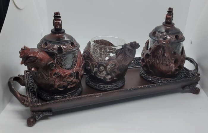 Three Rooster Incense Burner With Tray