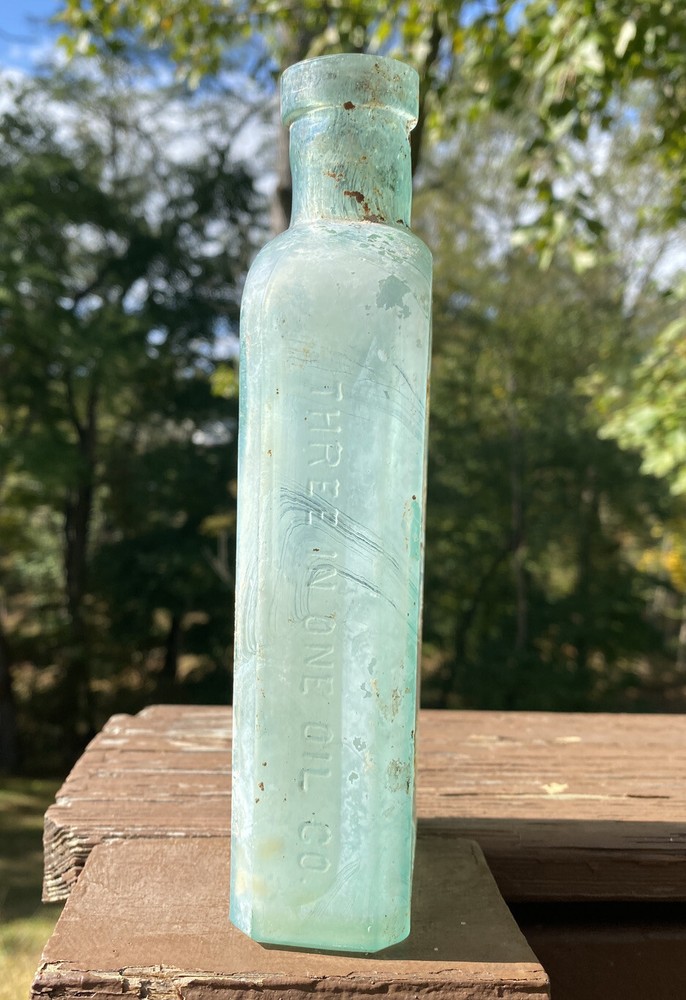 Three In One Oil Co, Blown Aqua Bottle
