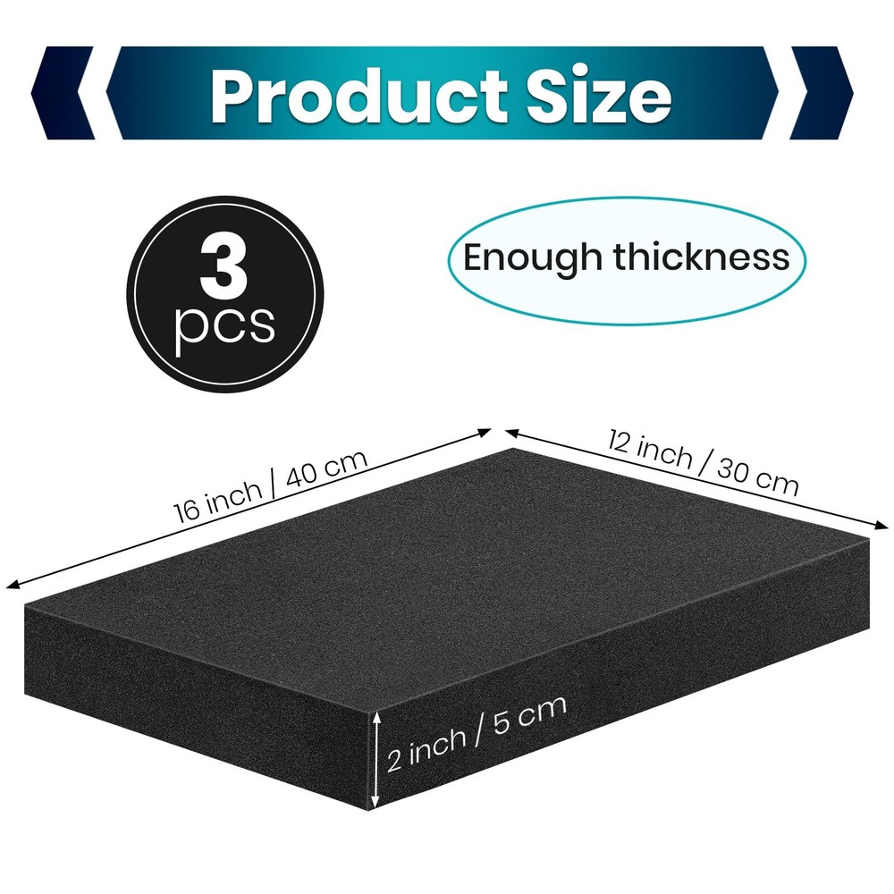 3Pack Polyurethane Foam Sheet 16x12x2 Inch Foam Inserts for Cases Camera Toolbox