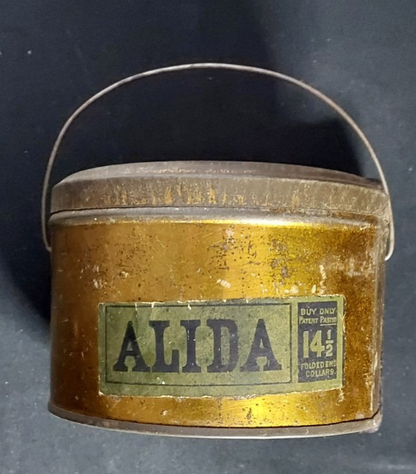 Old Advertising Tin ALIDA Patent Pasted Folded End Collars Bail Handle Label