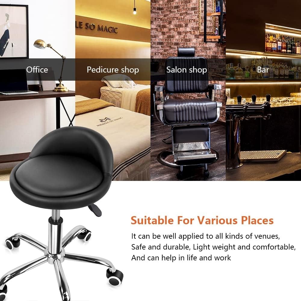 PU Leather Round Rolling Stool W/ Back Rest Height Adjustable Swivel Drafting