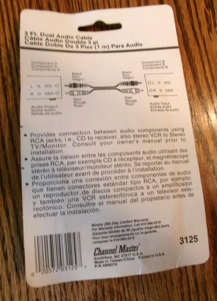Channel Master 3ft Dual Audio Cable RCA Male New in Pkg.