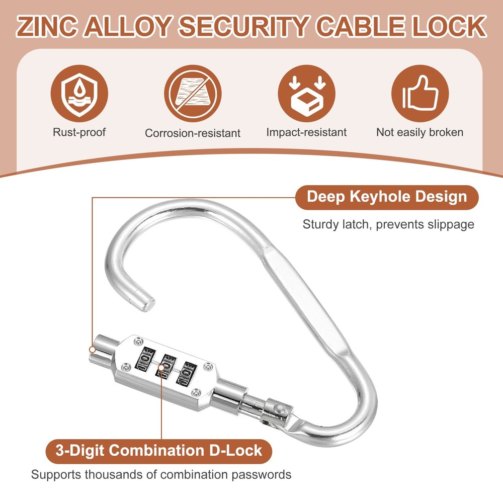 2 Pcs 3.8" x 1.8" D-Shaped 3-Digit Code Combination Lock D-Ring Clip, Silver