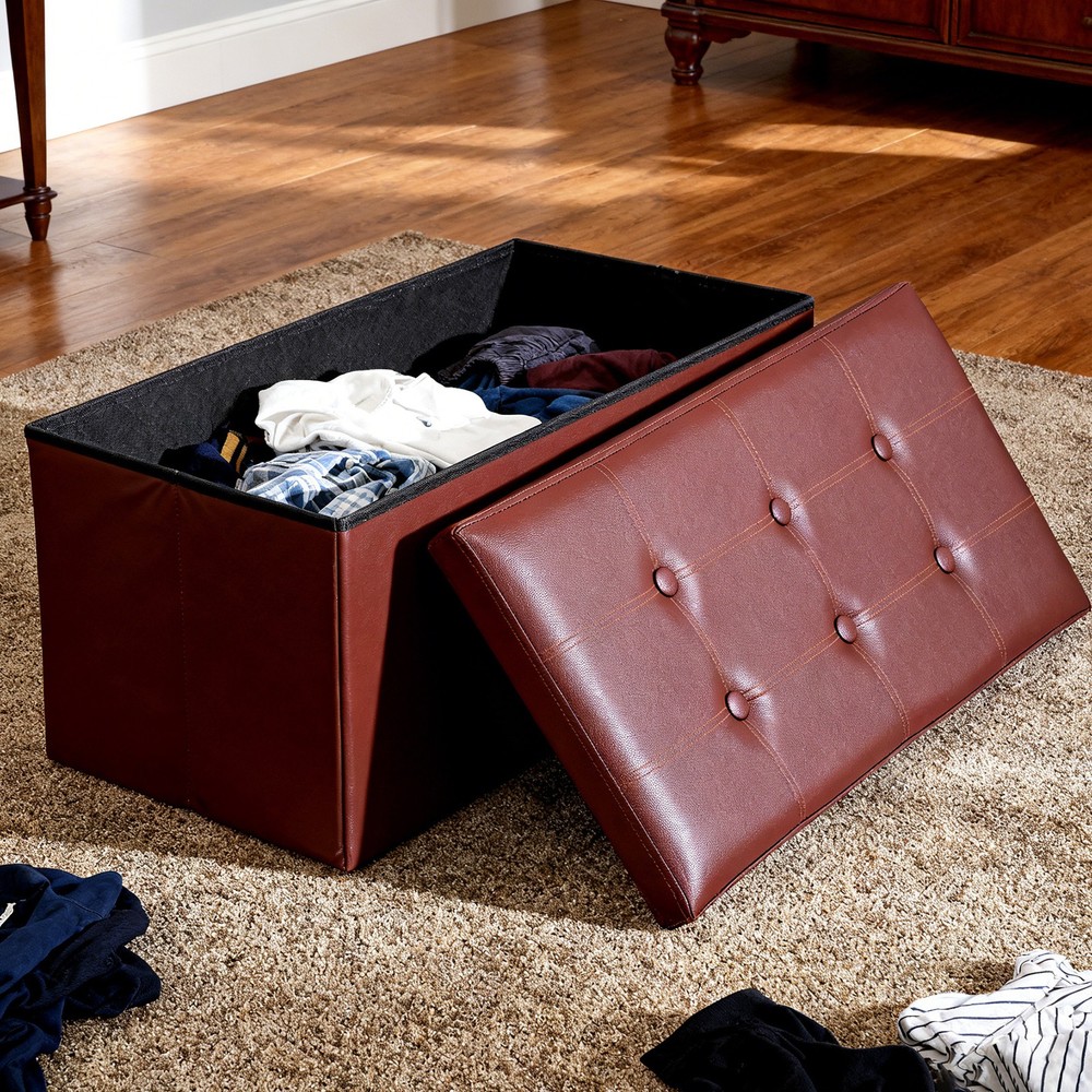 30" Sturdy Ottomans Footstools Soft Leather Brown Storage Footrest Foldable