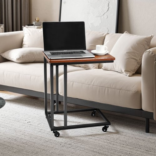 C Table, C Shaped Sofa Side Table with Metal Frame Rolling Casters, Portable C