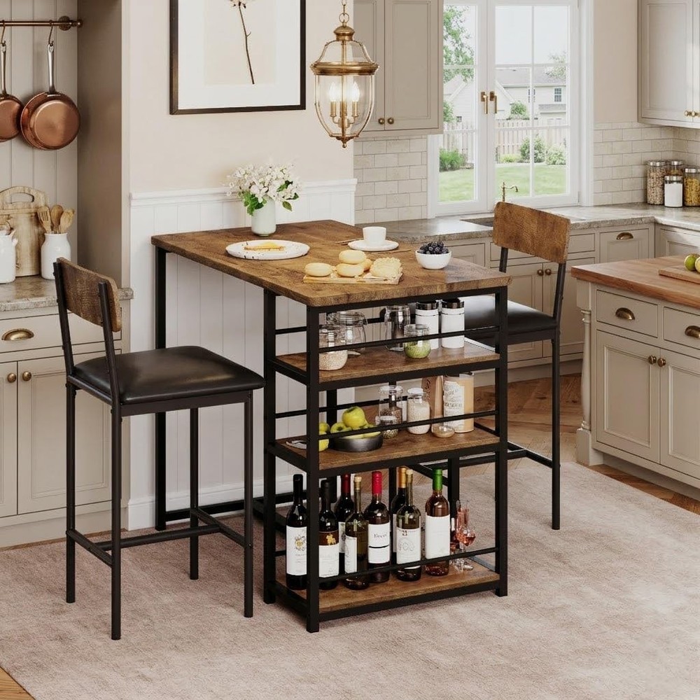 Dining Table Set 2 Counter Height Kitchen Table W/ 2 Upholstered Bar Stools