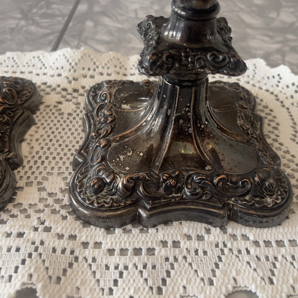 Baroque & Rococo Silverplate Candlesticks Pair with Removable Bobeches antique