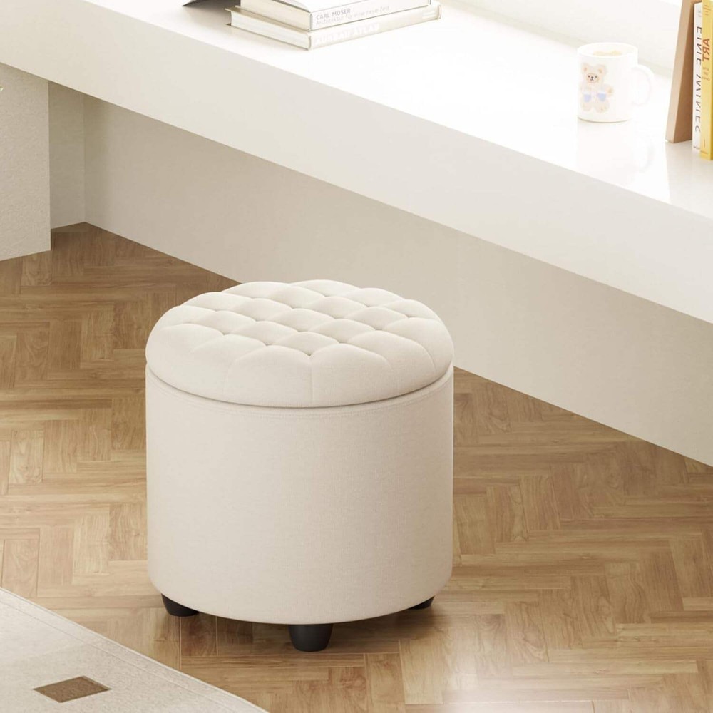 Beige Round Storage Ottoman Featuring Removable Lid
