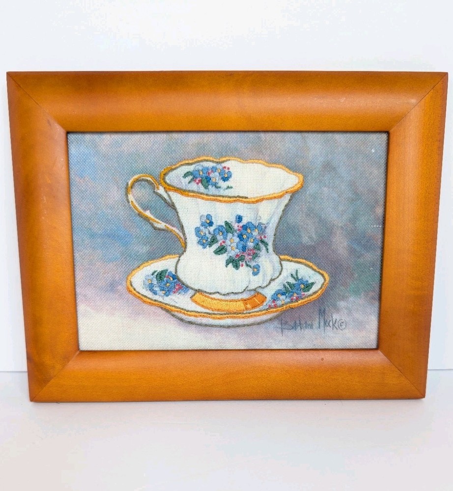 Barbara Mock Count Cross Stitch Tea Cup Finished & Framed