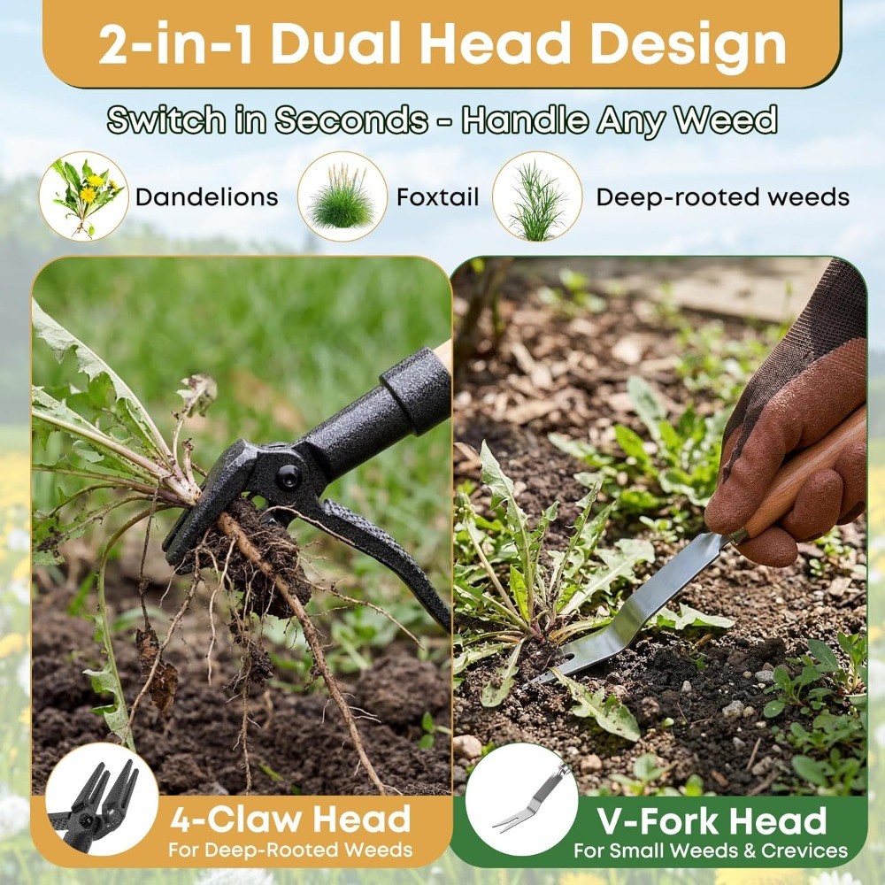 46" Stand Up Weed Puller, Long Handle Root Remover with Hand Weeder