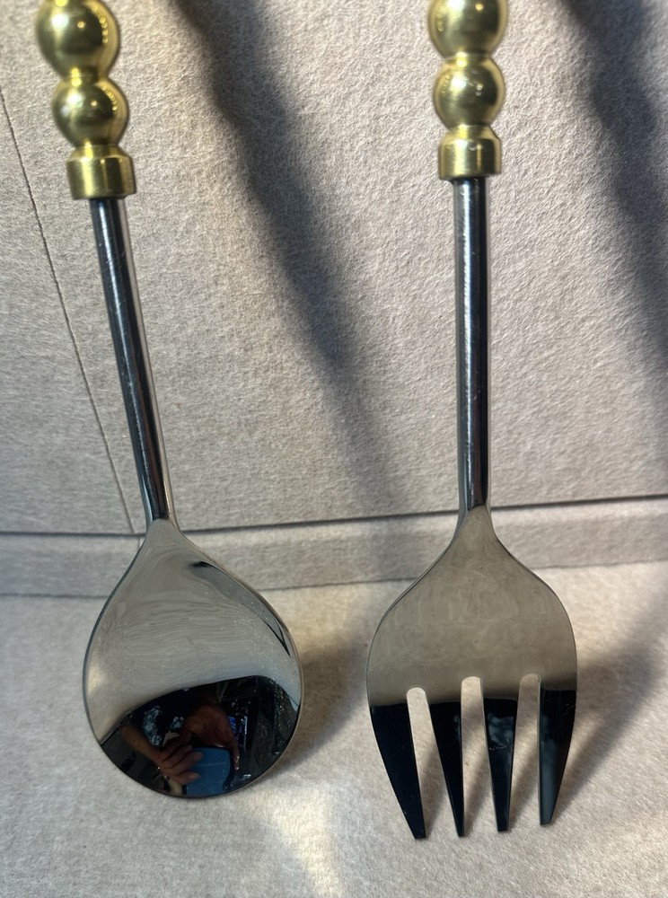 Brass Handle Salad Serving Set Fork & Spoon 11 .5"
