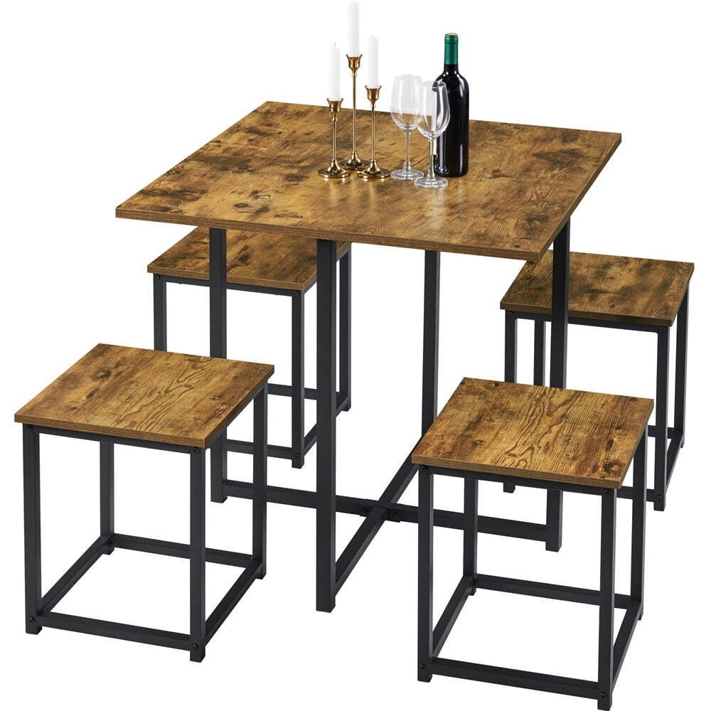 5Pcs Dining Set with Industrial Square Table and 4 Backless Chairs, Rustic Brow