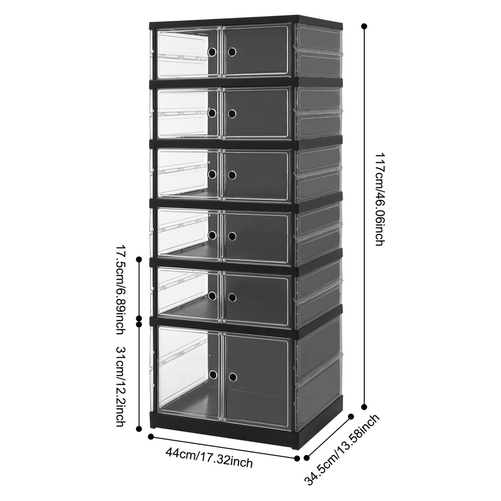 6 Tiers Shoe Storage Box Black Stackable Shoe Container Sneaker Organizer