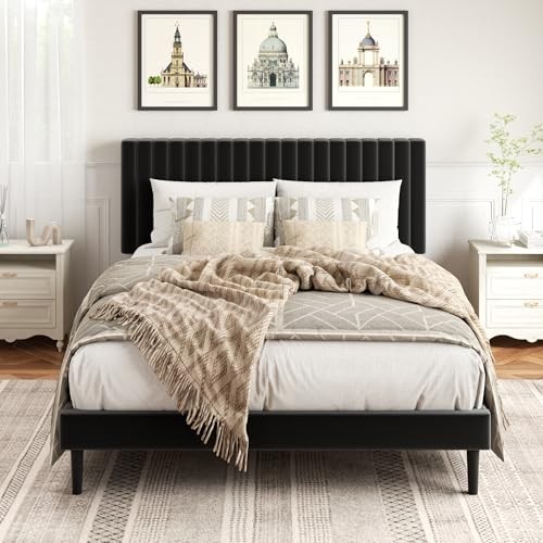 Size Platform Bed Frame with Velvet Upholstered Headboard Bed Frame Full Black