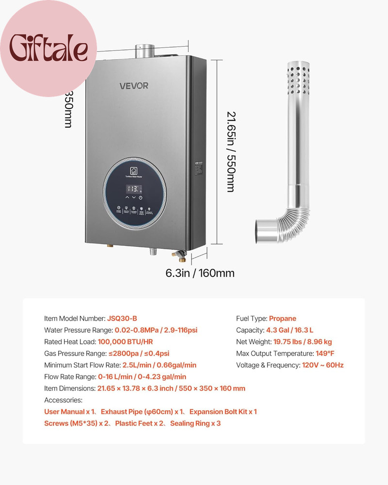 Propane Tankless Water Heater, 4.3Gal Indoor 100000 BTU Instant Hot Water Heater