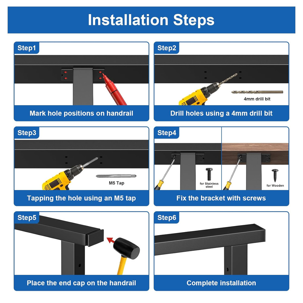 8FT Stainless Steel Cable Railing Handrail, Black Rectangular Handrail Flat Top