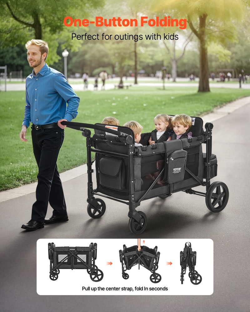 VEVOR Wagon Stroller 4 Kids Push Pull Quad Collapsible Stroller 330LBS Capacity