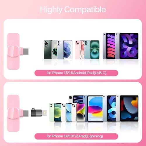 Wireless Lavalier Microphone for iPhone & Android - Mini Clip-On Mic with Pink