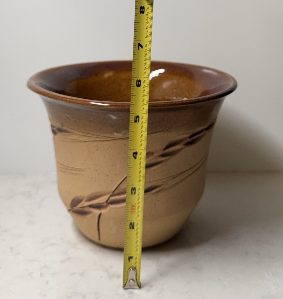 Handmade Pottery Beige Ceramic Planter Wheat Design Signed