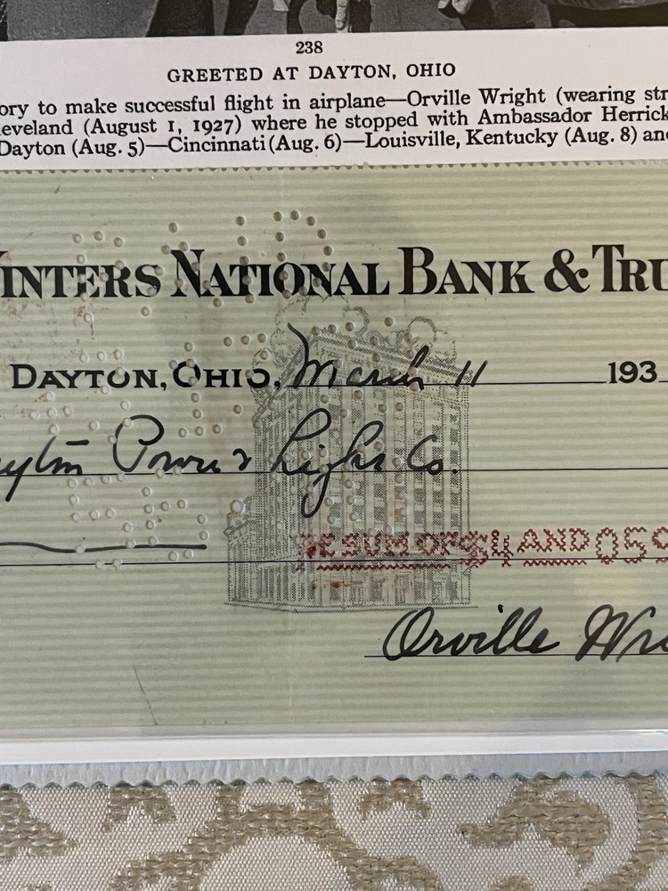 Aviation History: Orville Wright, Kitty Hawk, Signed 1939 Check with COA.