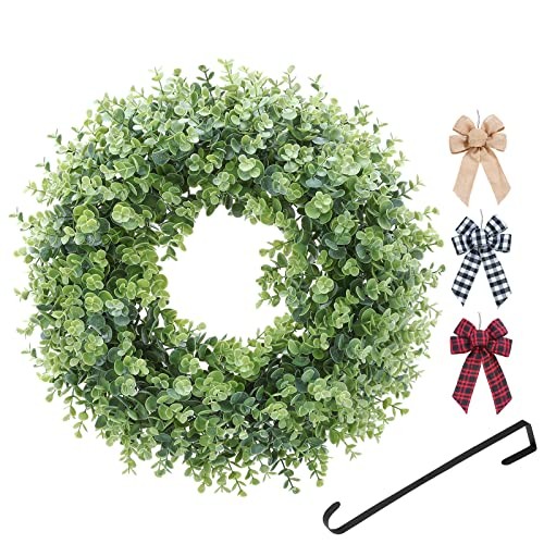Boxwood Wreath,3 Interchangeable Bows -1-Hanger .Artificial Spring, Green