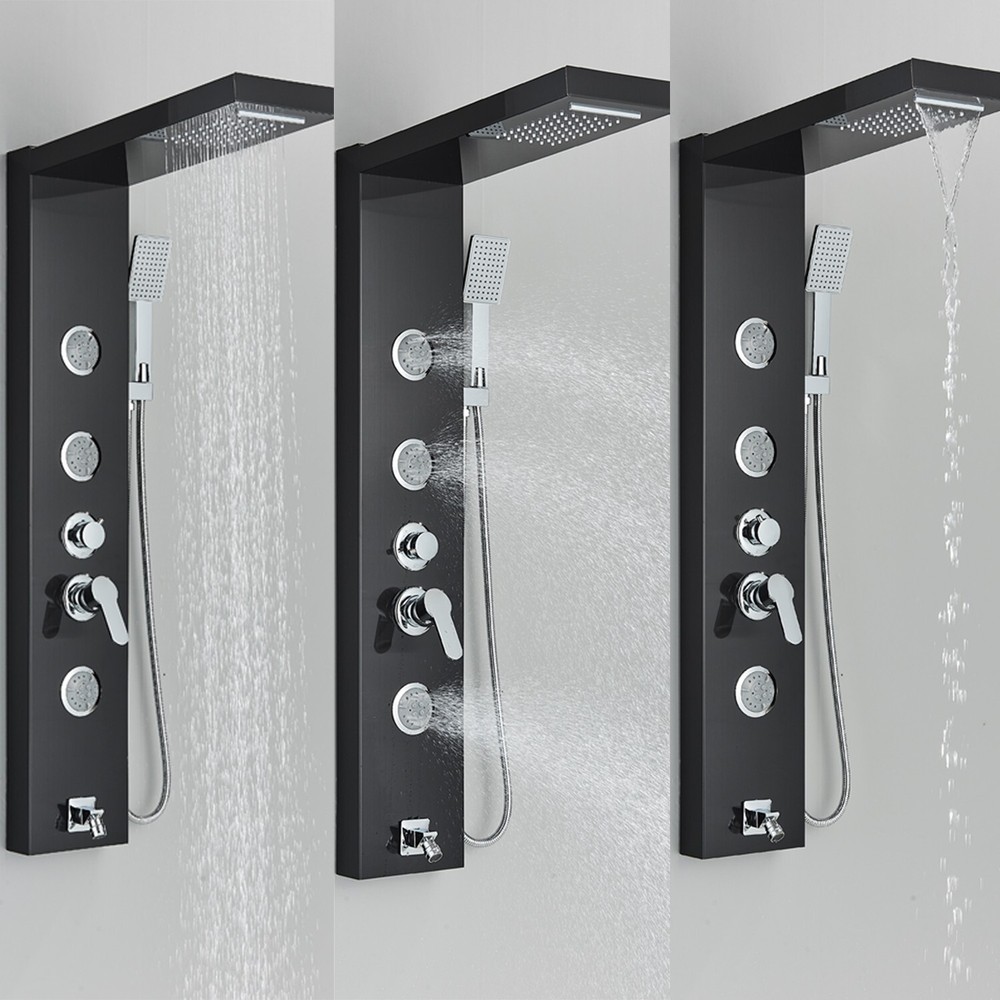 Black Shower Panel Tower System Stainless Steel Multi-function Massage Body Jets