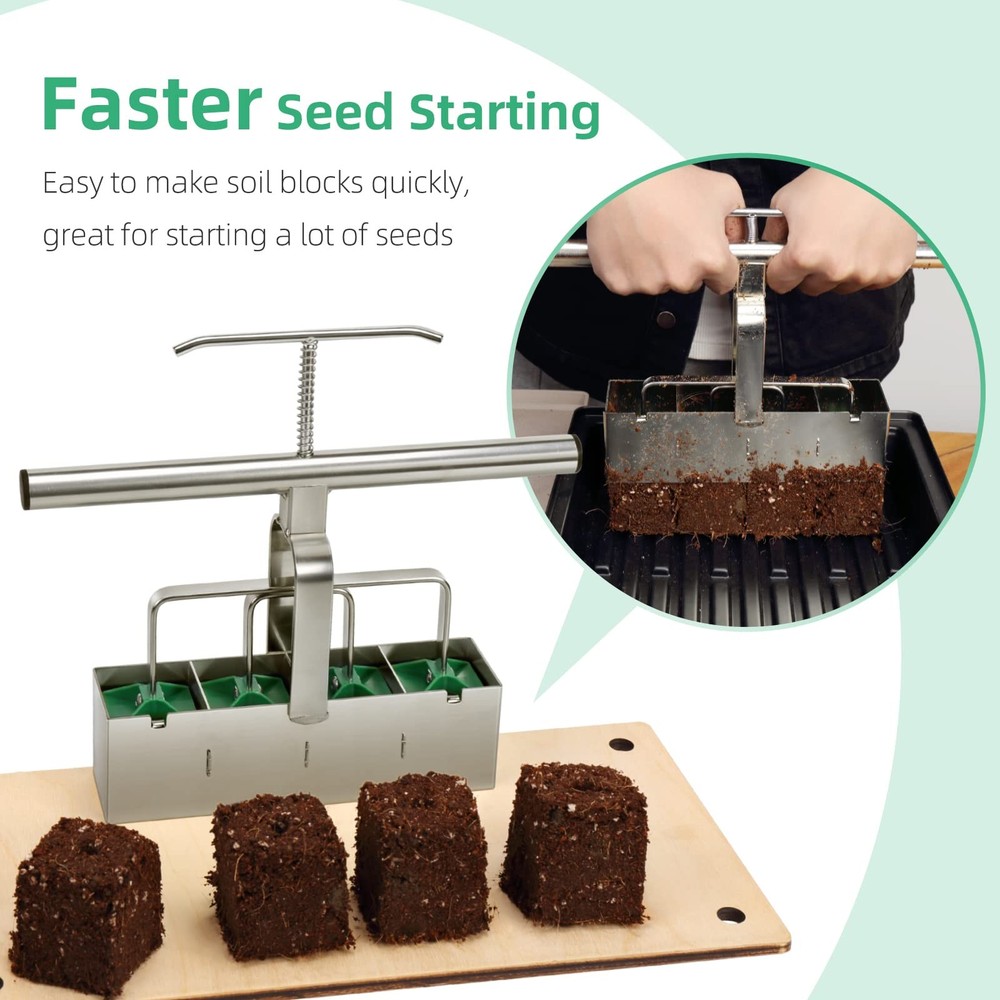 4-Cell Soil Block Maker 2 in Mold Soil Blocker with Comfortable Handle