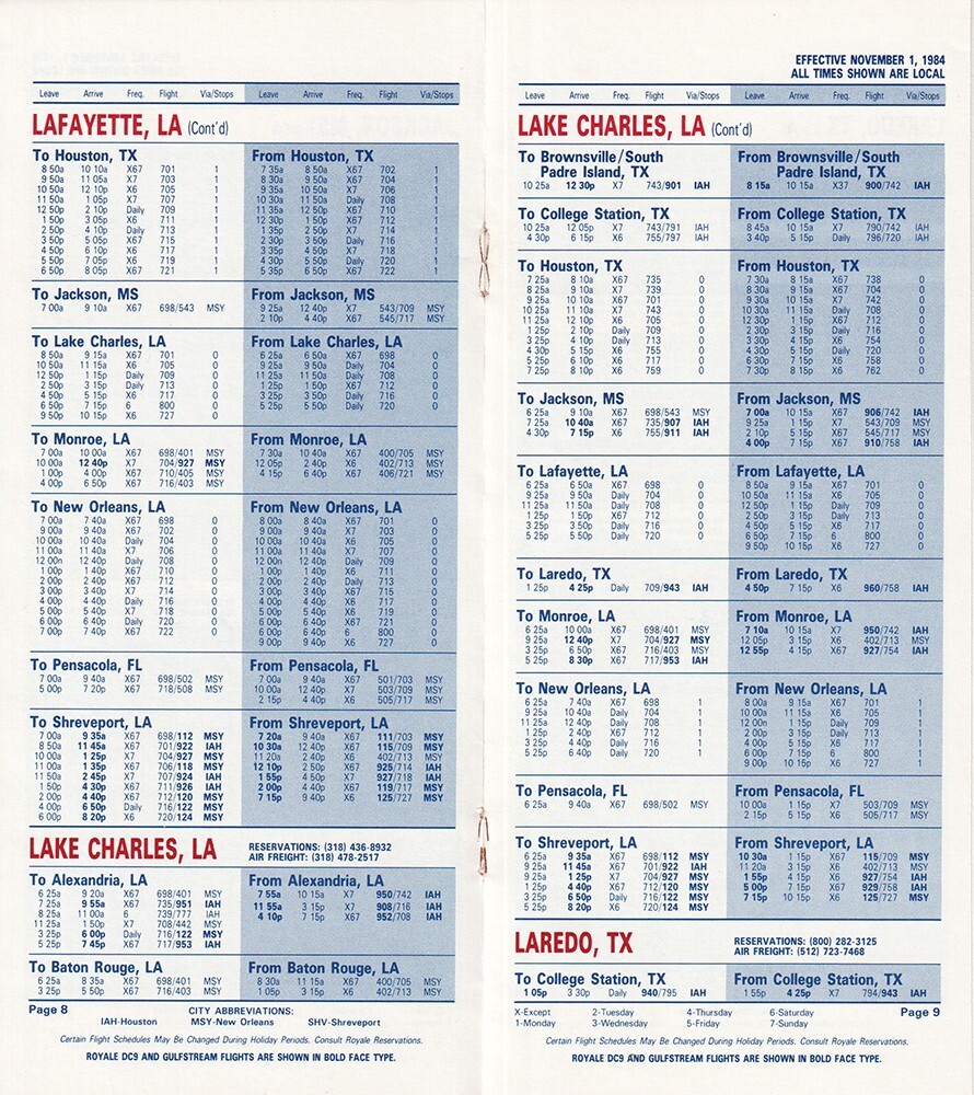 Royale Airlines timetable 1983/11/01