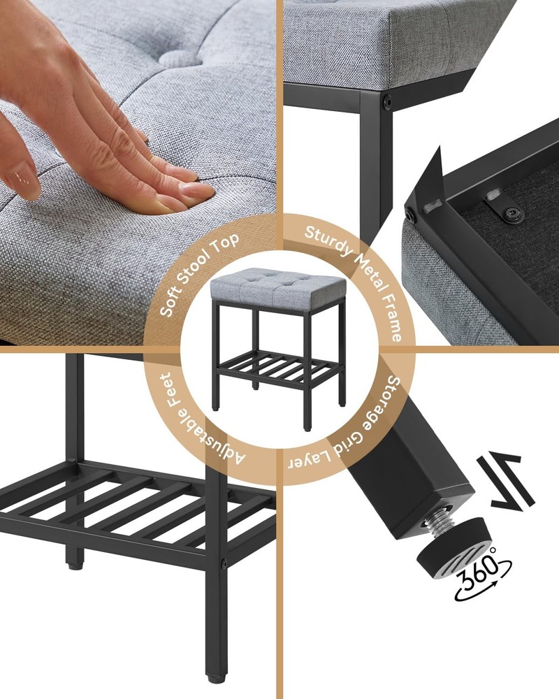 WBD017L Rectangular Makeup Stool Adjustable Storage Linen Vanity Blue Gray