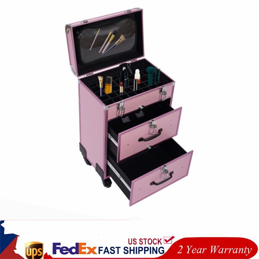 Rolling Makeup Train Case with Drawers Professional Cosmetics Storage Organizer
