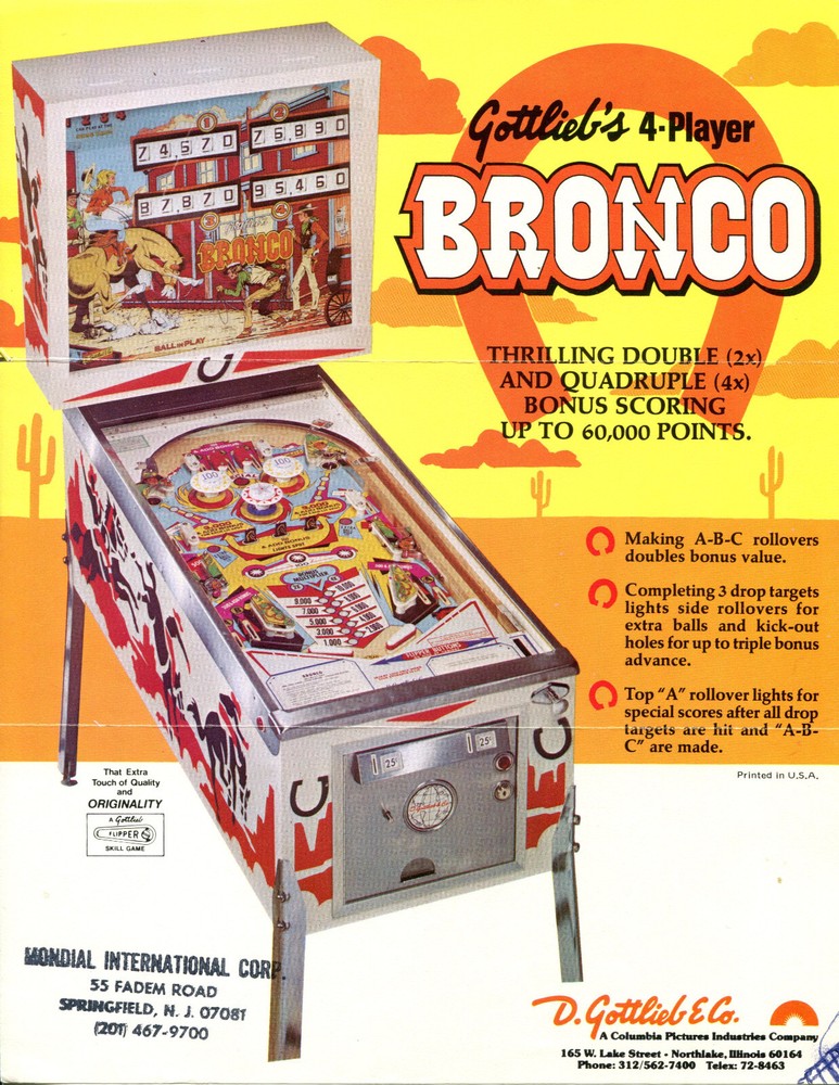 Bronco Gottlieb Pinball Flyer / Brochure / Ad