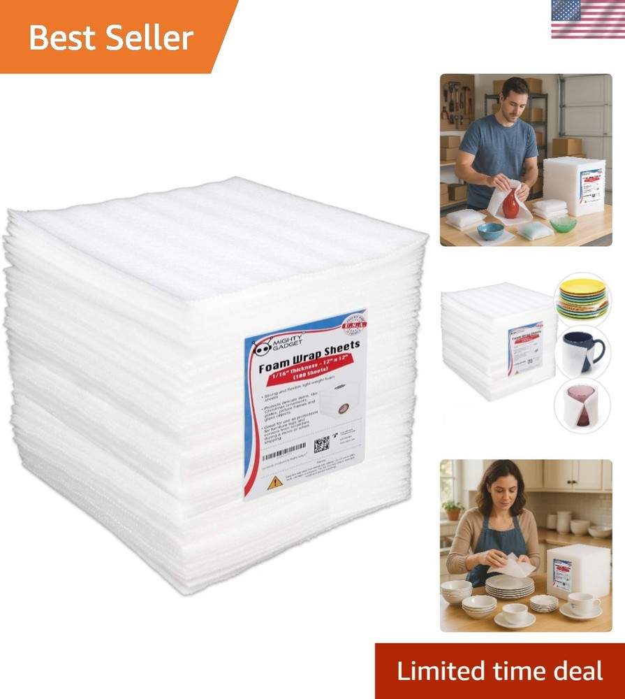 100-Pack Foam Packing Sheets, 12" x 12" 1/16" Thick Polyethylene, Pre-Cut Non...