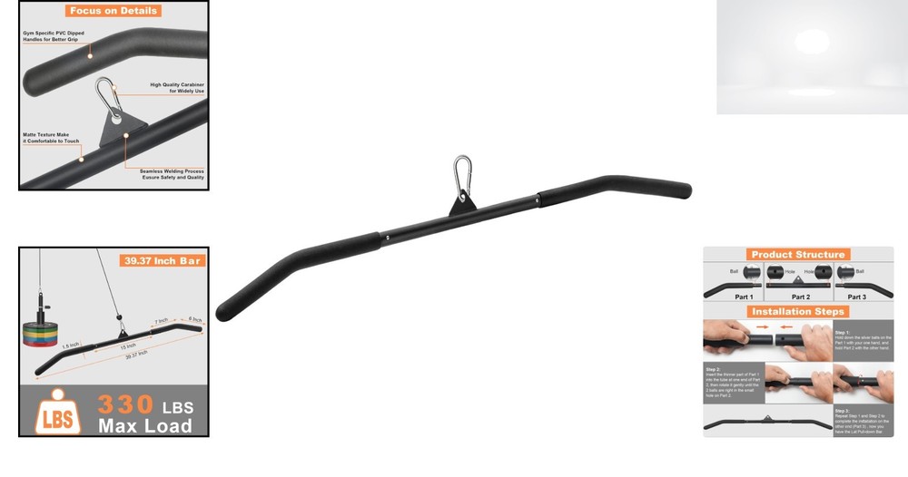 Lat Pull Down Bar 39.37in Gym Cable Attachment Rubber Grip for Strength Training